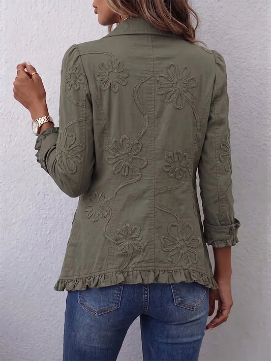 Sienna ruffled button-front jacket worn casually