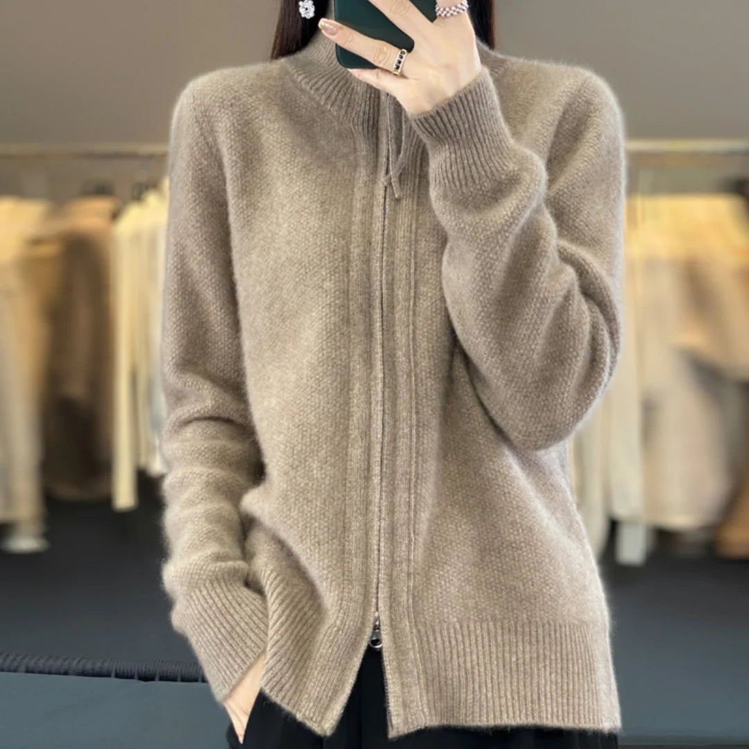 Winnie soft zip-up cardigan worn casually