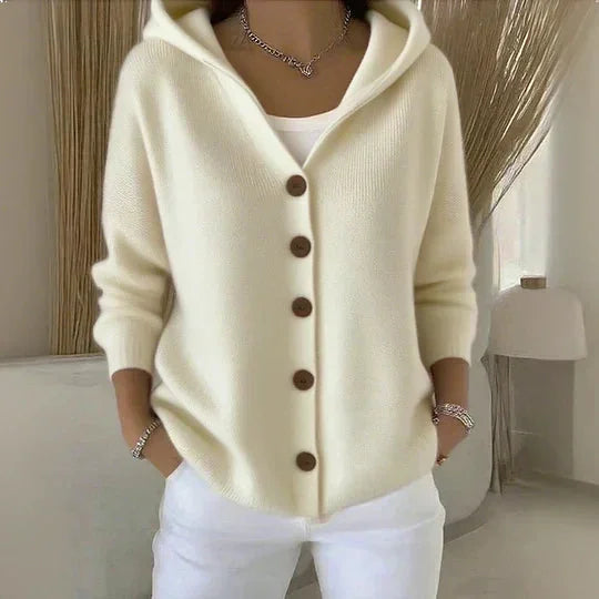 Zoe hooded knit cardigan worn for everyday ease