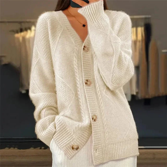 Lena soft cashmere buttoned cardigan worn on a cool day