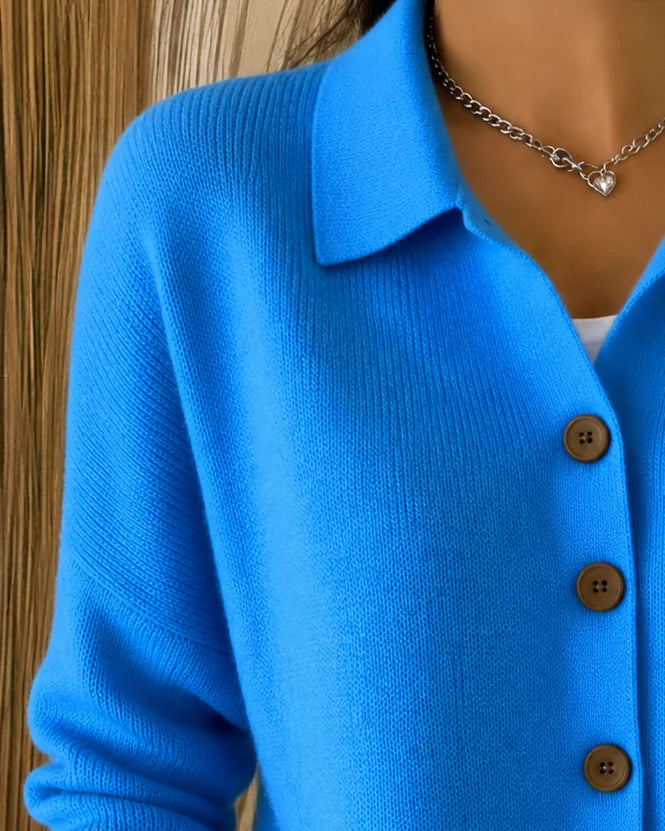 Agnes collared knit cardigan worn over a top