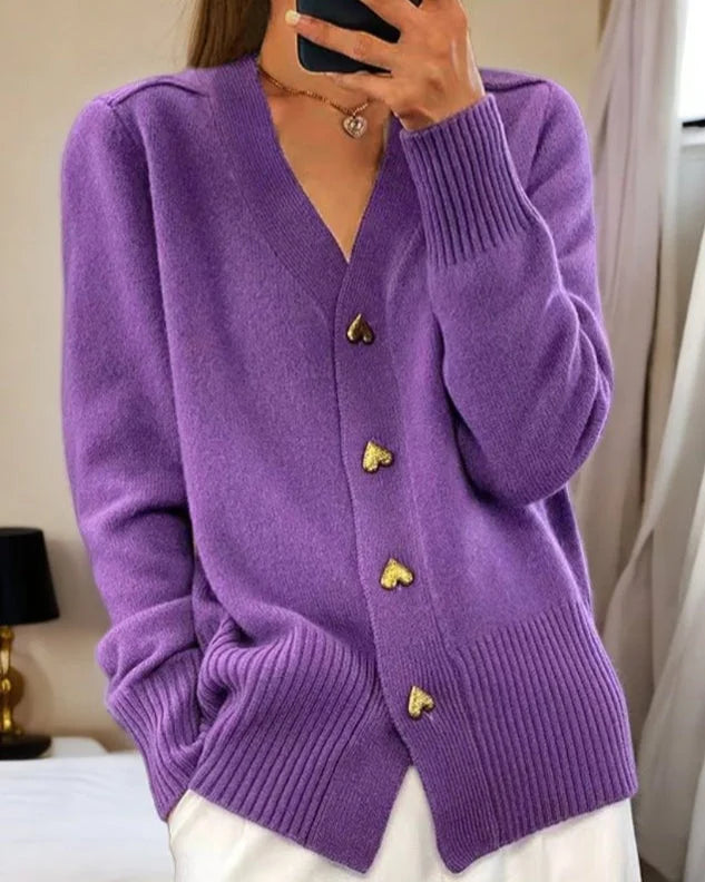 Michaela v-neck heart-button cardigan worn casually