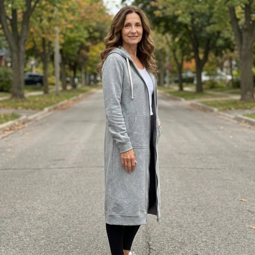 Faye long zip-up cardigan worn as a relaxed layer