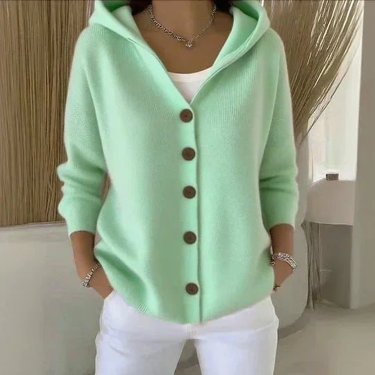 Zoe hooded knit cardigan worn for everyday ease