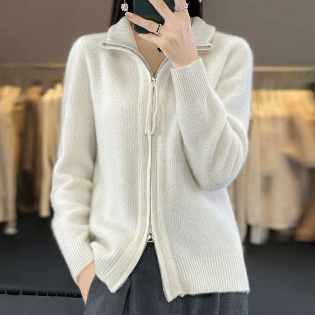 Winnie soft zip-up cardigan worn casually