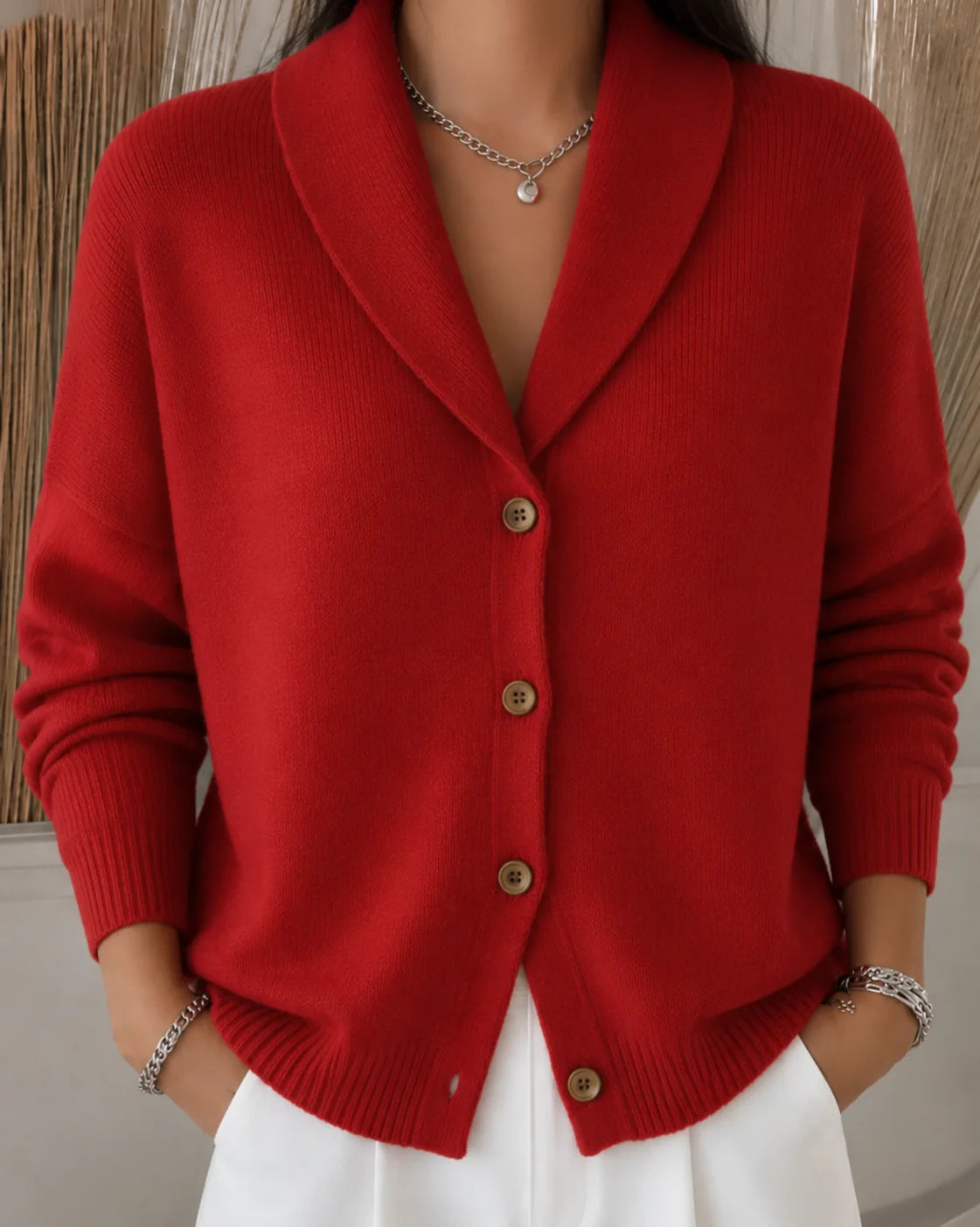 Agnes collared knit cardigan worn over a top