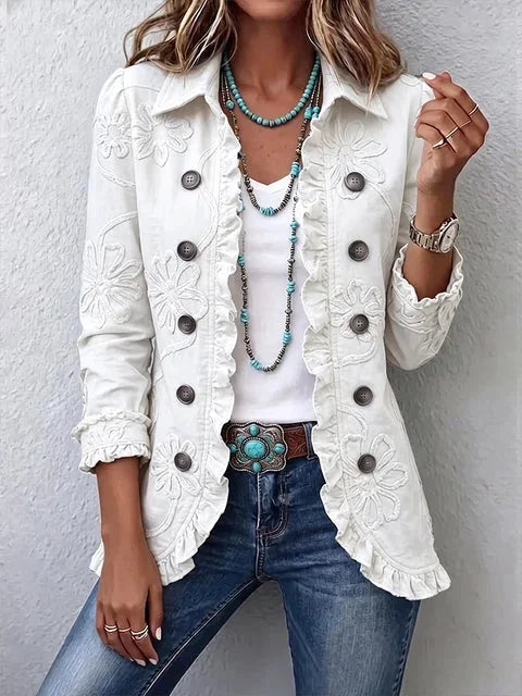Sienna ruffled button-front jacket worn casually