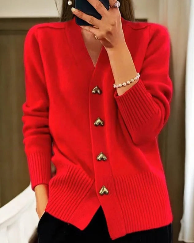 Michaela v-neck heart-button cardigan worn casually
