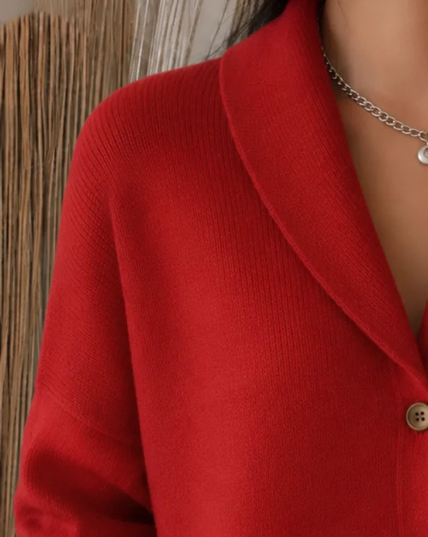 Agnes collared knit cardigan worn over a top