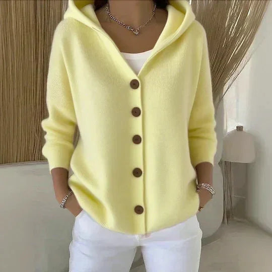 Zoe hooded knit cardigan worn for everyday ease