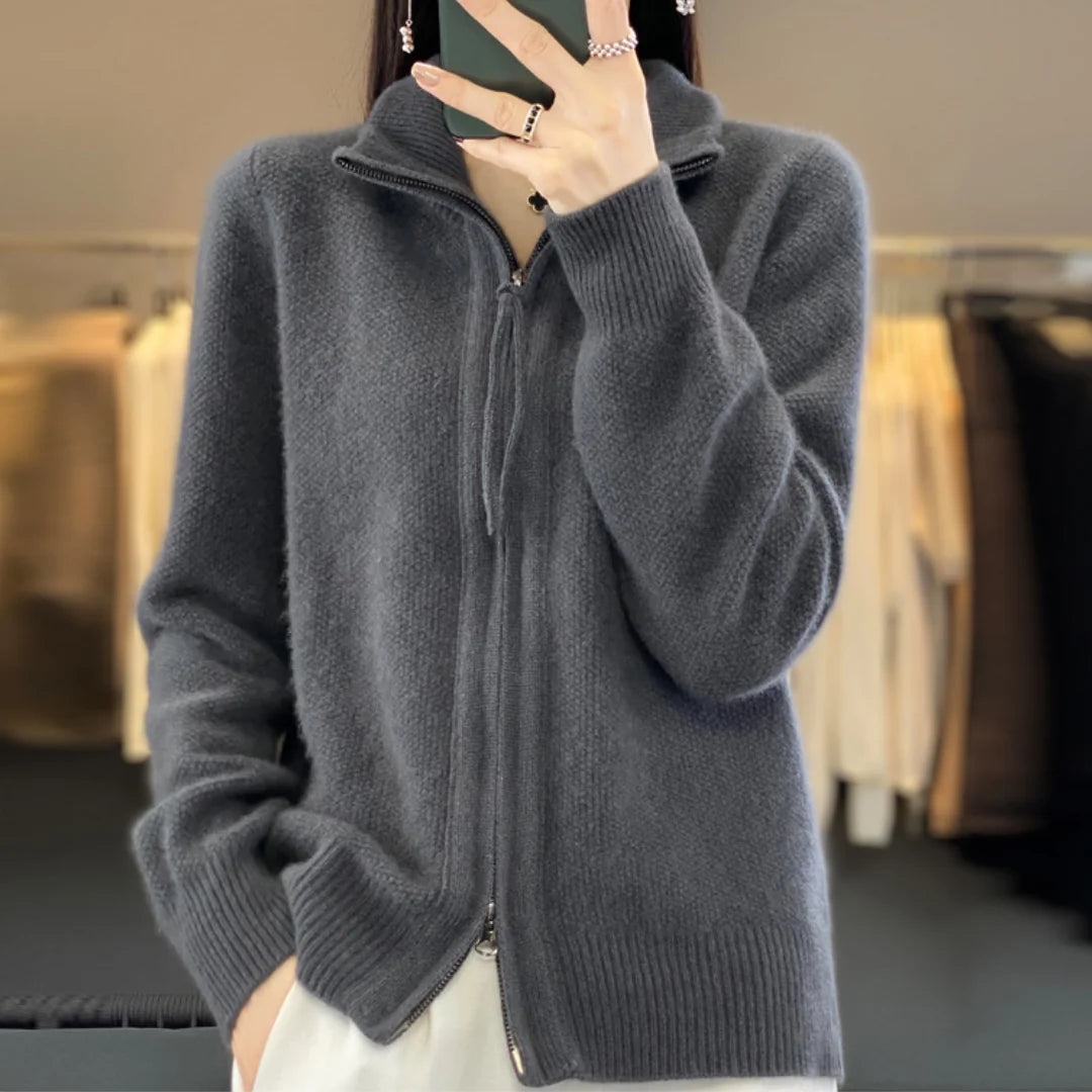 Winnie soft zip-up cardigan worn casually