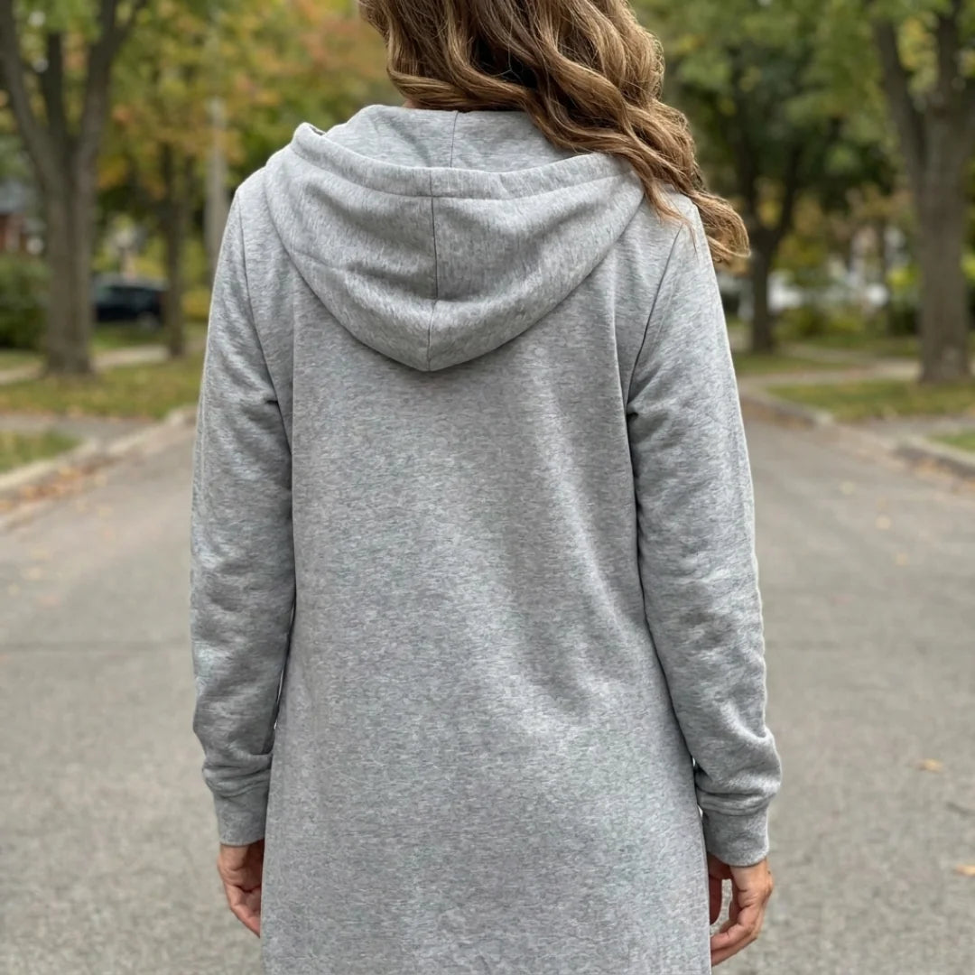 Faye long zip-up cardigan worn as a relaxed layer