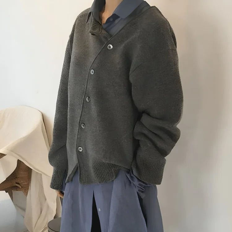 Luna asymmetric button cardigan worn relaxed