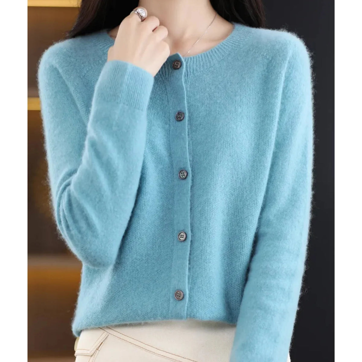 Charlene merino wool cardigan styled for work or casual