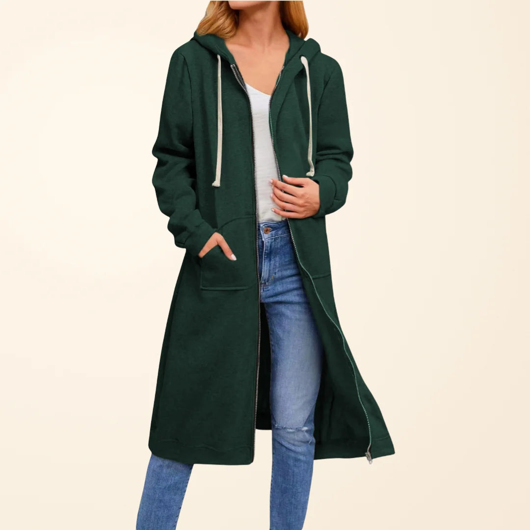 Faye long zip-up cardigan worn as a relaxed layer