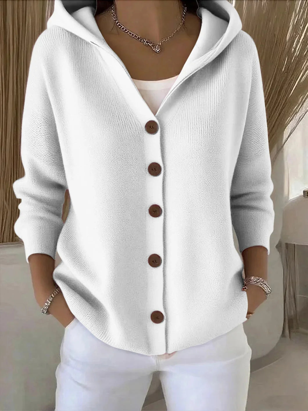 Zoe hooded knit cardigan worn for everyday ease