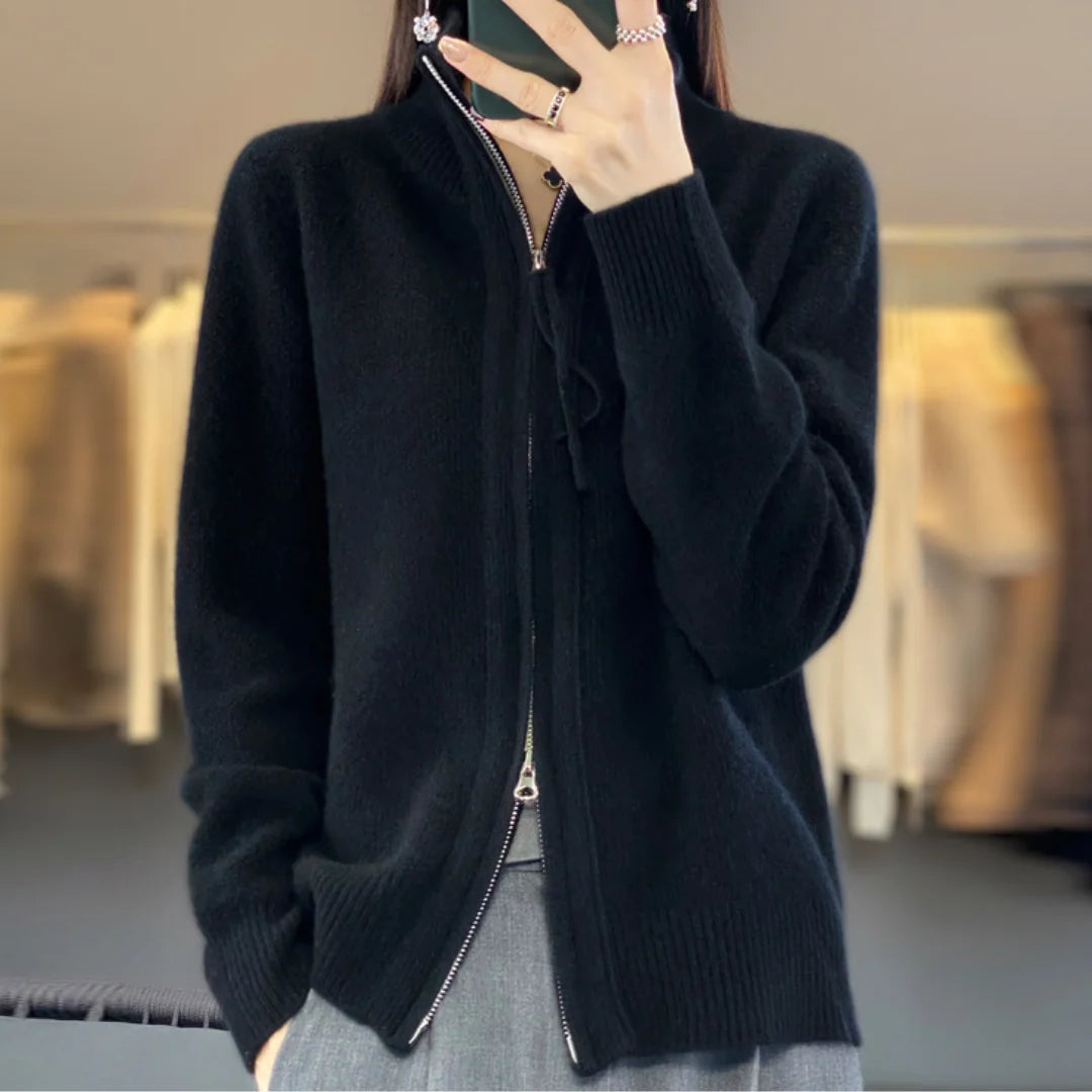 Winnie soft zip-up cardigan worn casually