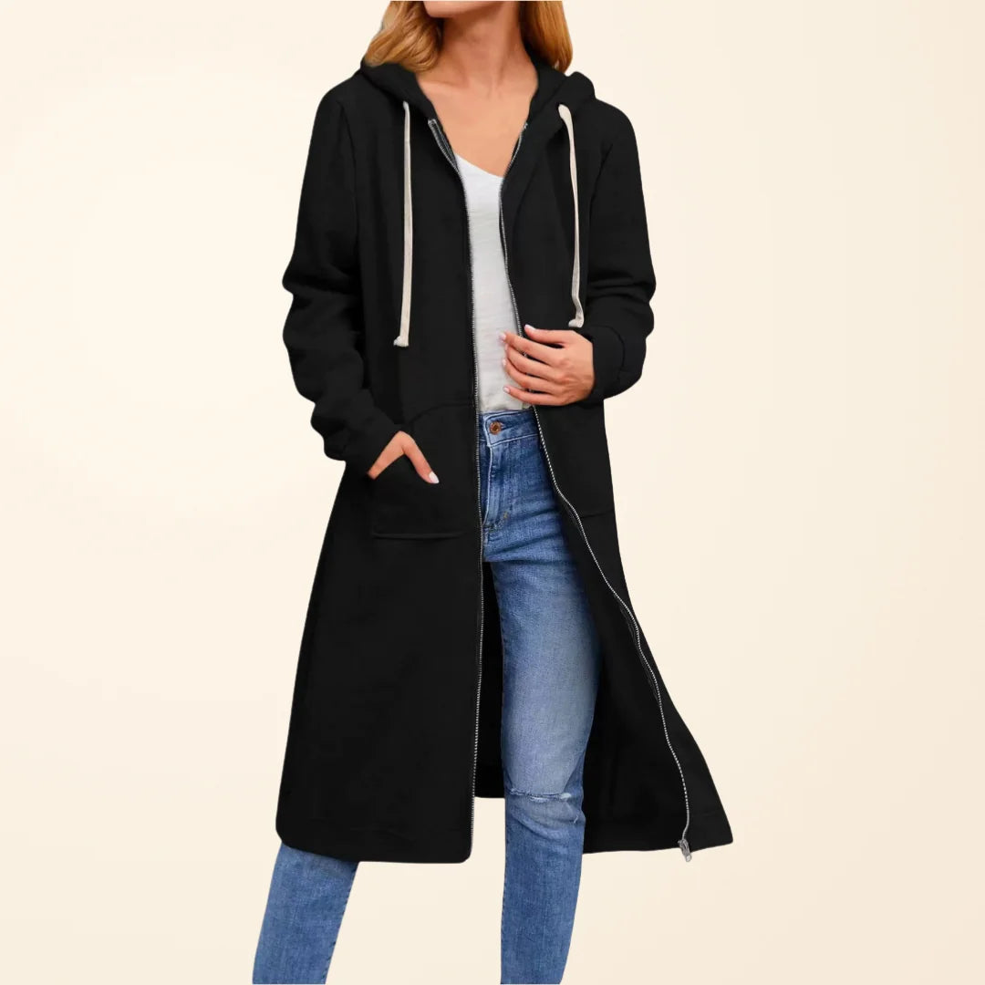 Faye long zip-up cardigan worn as a relaxed layer