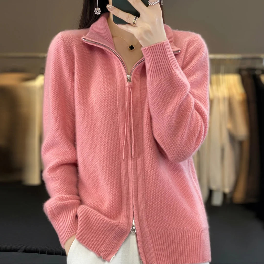 Winnie soft zip-up cardigan worn casually