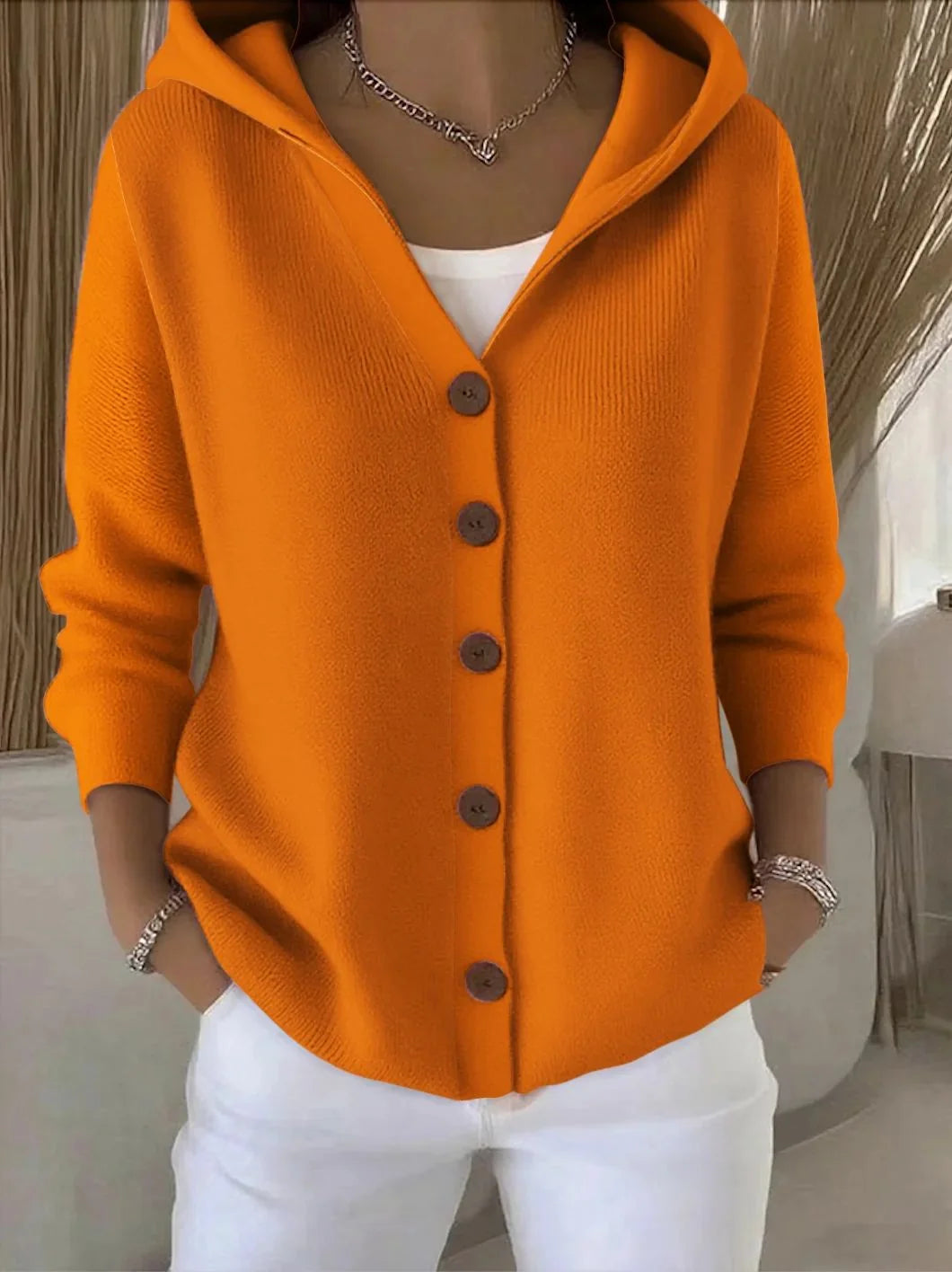 Zoe hooded knit cardigan worn for everyday ease