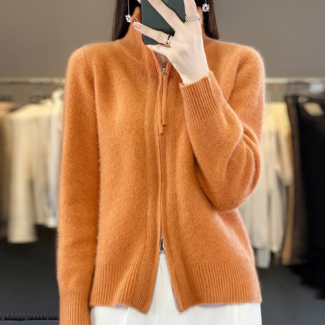 Winnie soft zip-up cardigan worn casually