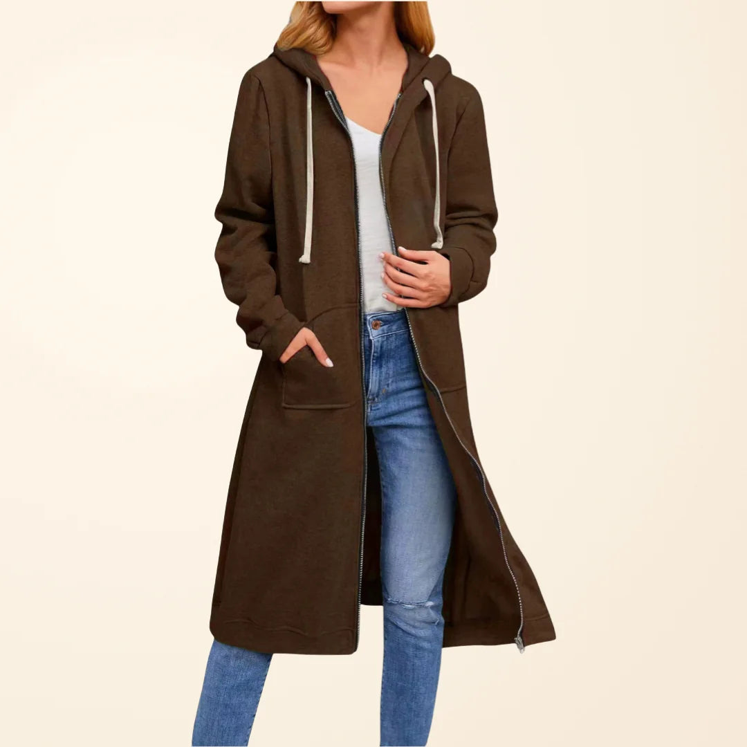 Faye long zip-up cardigan worn as a relaxed layer