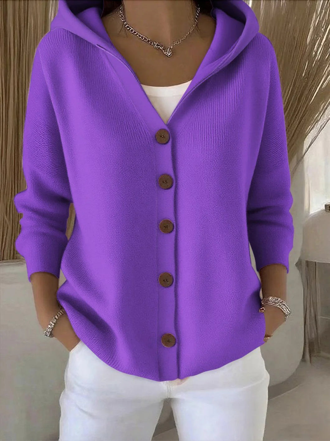 Zoe hooded knit cardigan worn for everyday ease