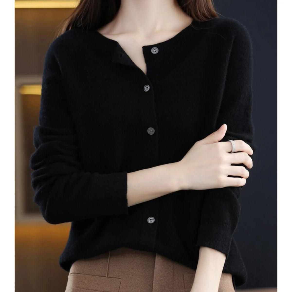 Charlene merino wool cardigan styled for work or casual