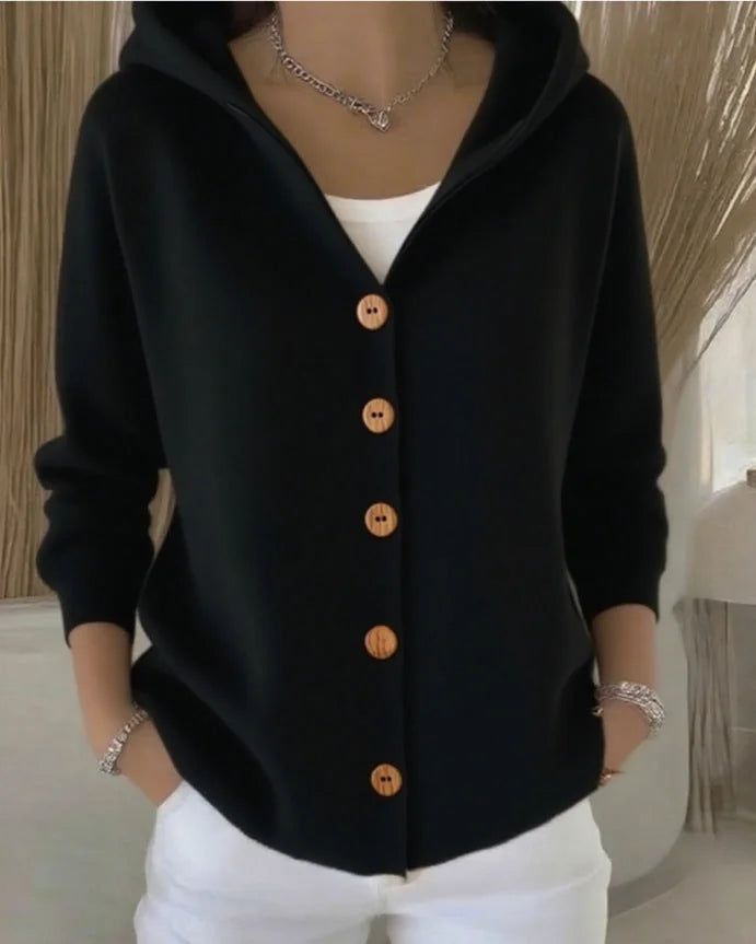 Zoe hooded knit cardigan worn for everyday ease