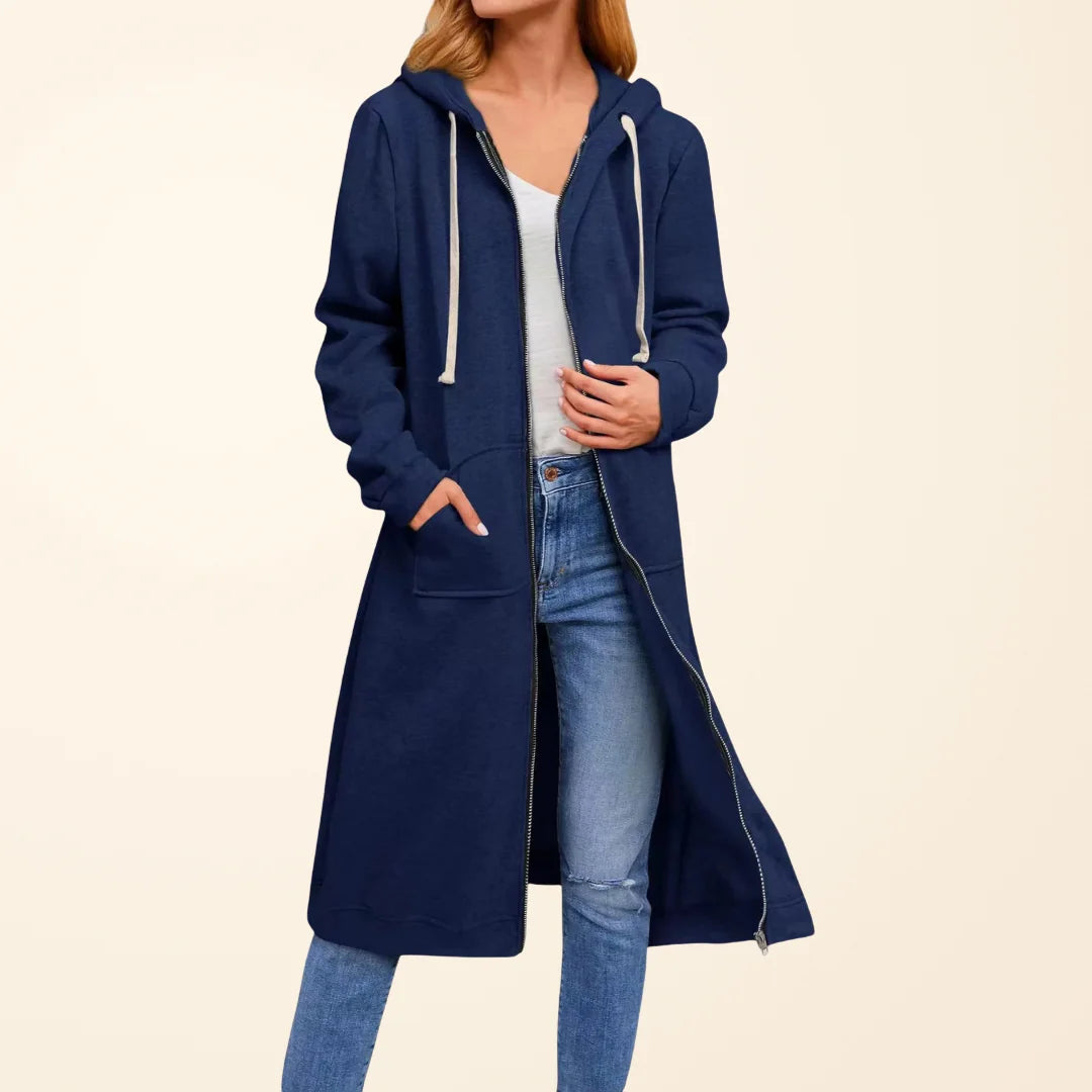 Faye long zip-up cardigan worn as a relaxed layer
