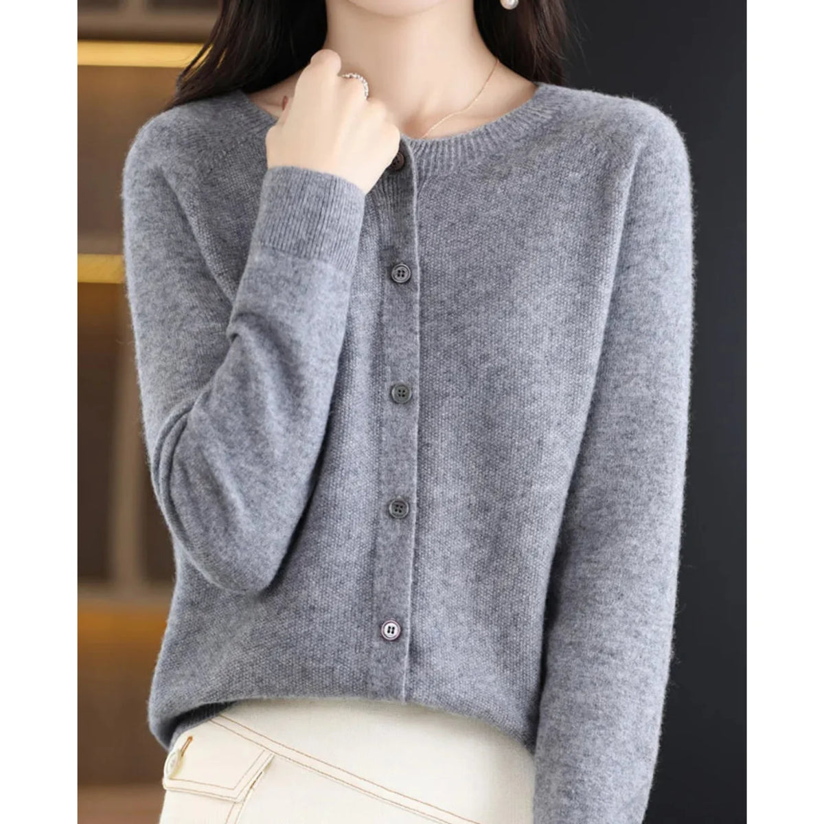 Charlene merino wool cardigan styled for work or casual