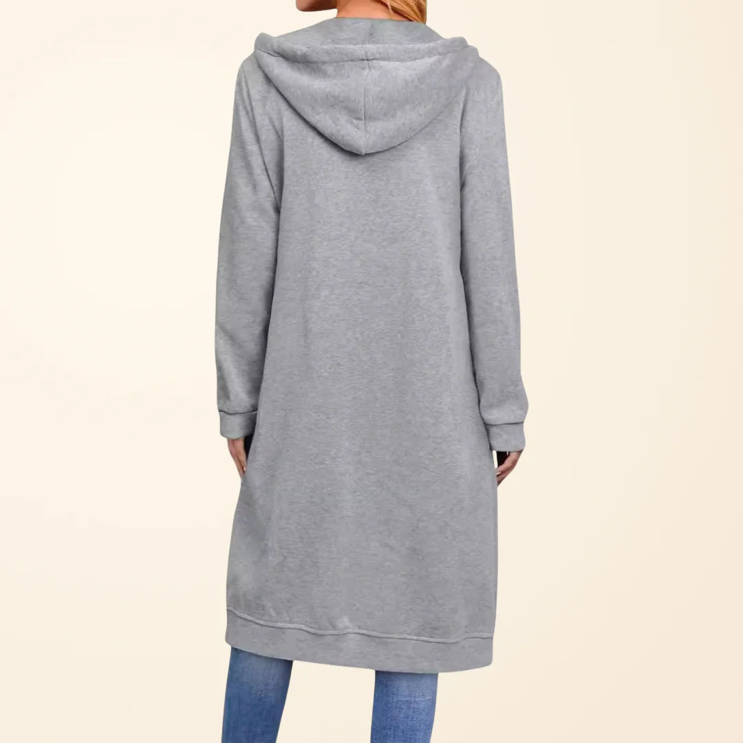 Faye long zip-up cardigan worn as a relaxed layer