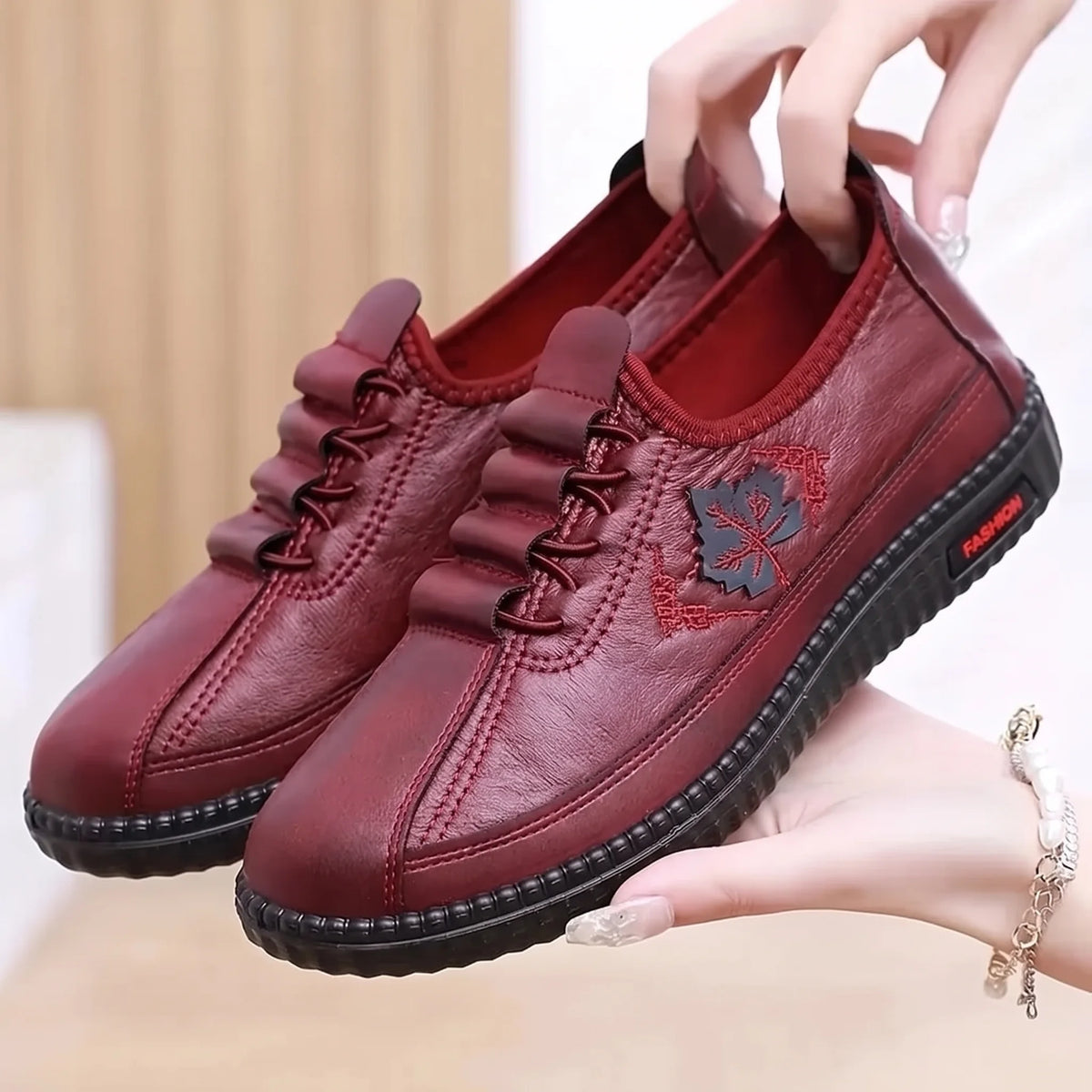 Joanne orthopedic leather slip-on shoes in burgundy