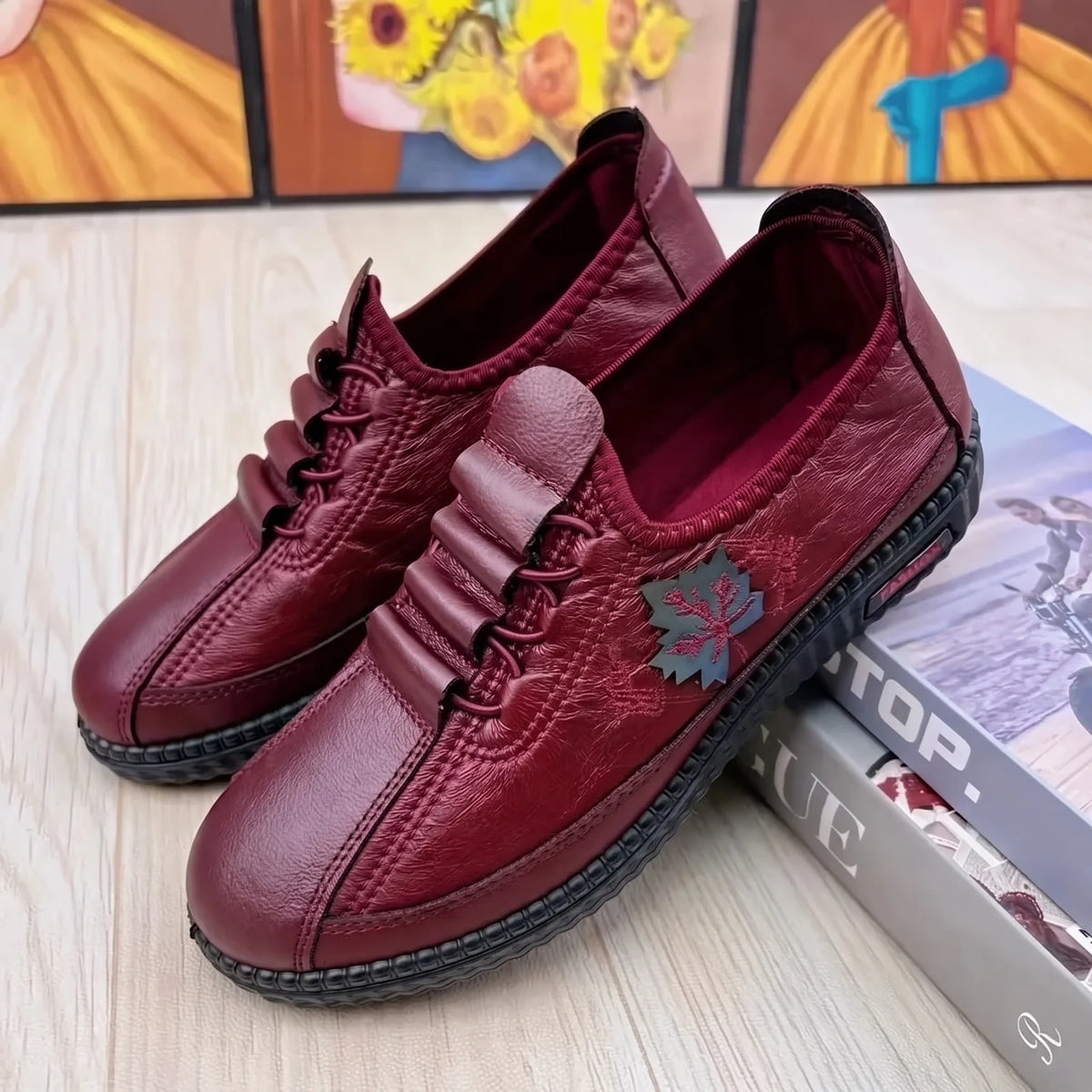 Joanne burgundy leather slip-on shoes side view