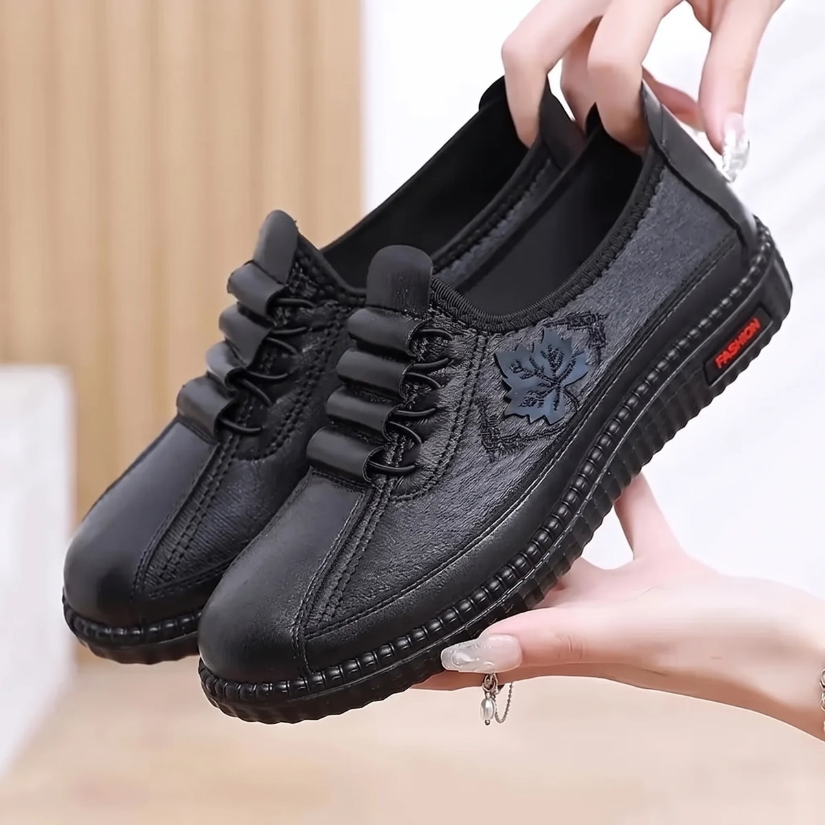 Joanne orthopedic leather slip-on shoes in black