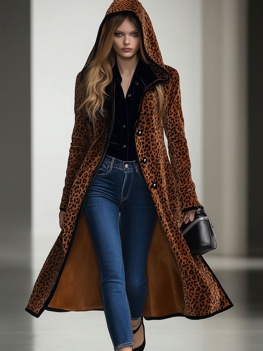 Leopard Print Hooded Long Velvet Coat