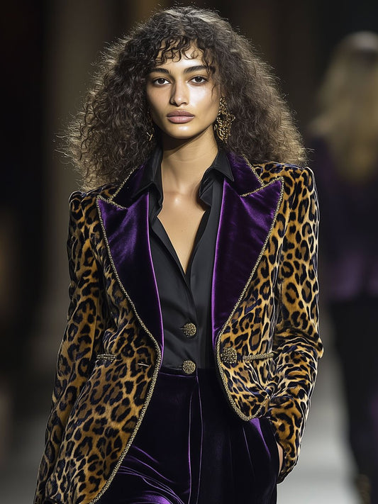 Casual Vintage Velvet Leopard Print Contrast Lapel Blazer - view 2