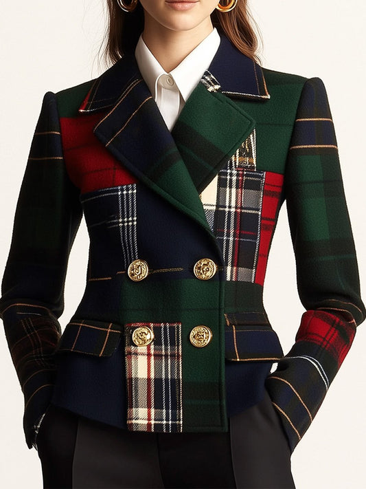 Casual Lapel Plaid Double-Breasted Woolen Blazer