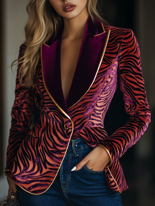 Zebra Pattern Gold Wire Velvet Blazer
