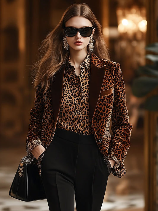 Casual Loose Retro Velvet Leopard Print Collar Blazer - view 2