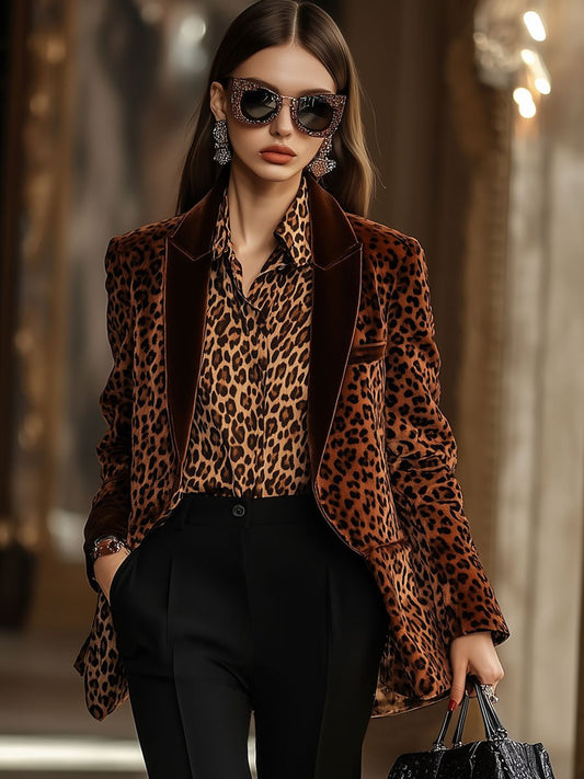 Casual Loose Retro Velvet Leopard Print Lapel Blazer - view 2