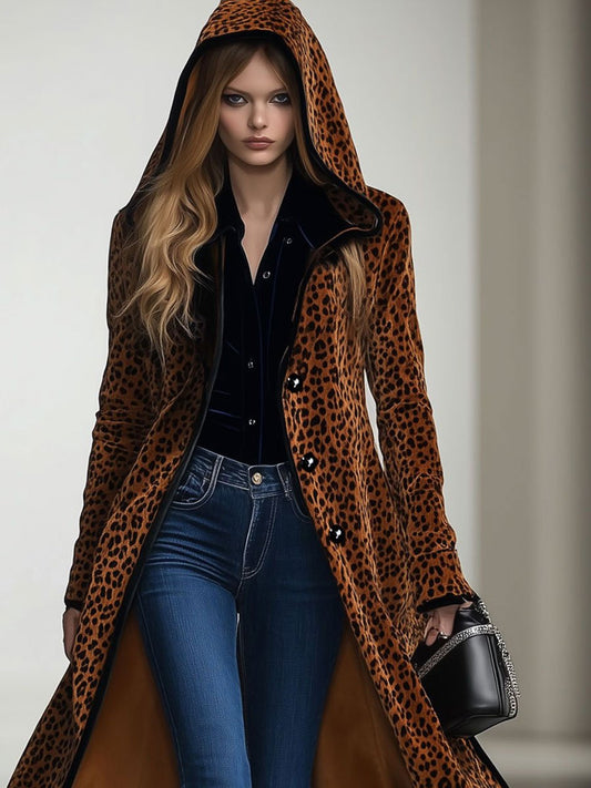 Leopard Print Hooded Long Velvet Coat - view 2