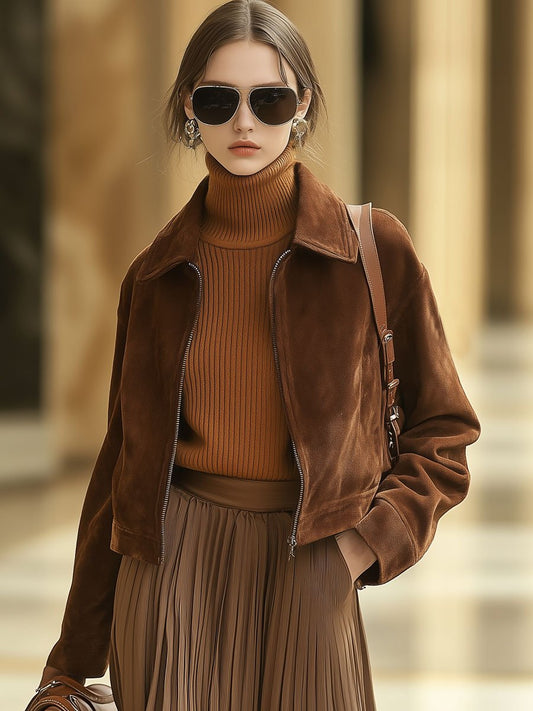 Casual Loose Solid Color Suede Zipper Pocket Short Jacket - view 2