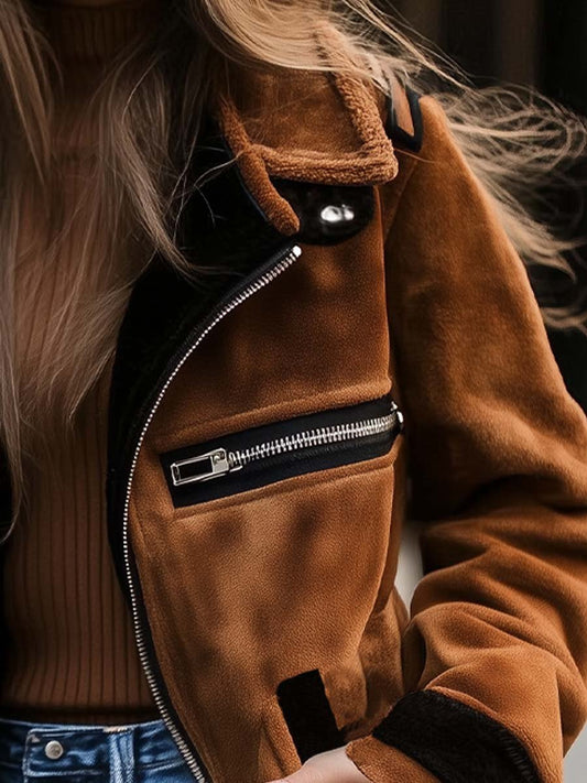 Women's Retro Zipper Contrast Color Suede Coat - view 2