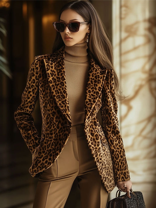 Casual Vintage Velvet Leopard Print Lapel Pocket Blazer - view 2