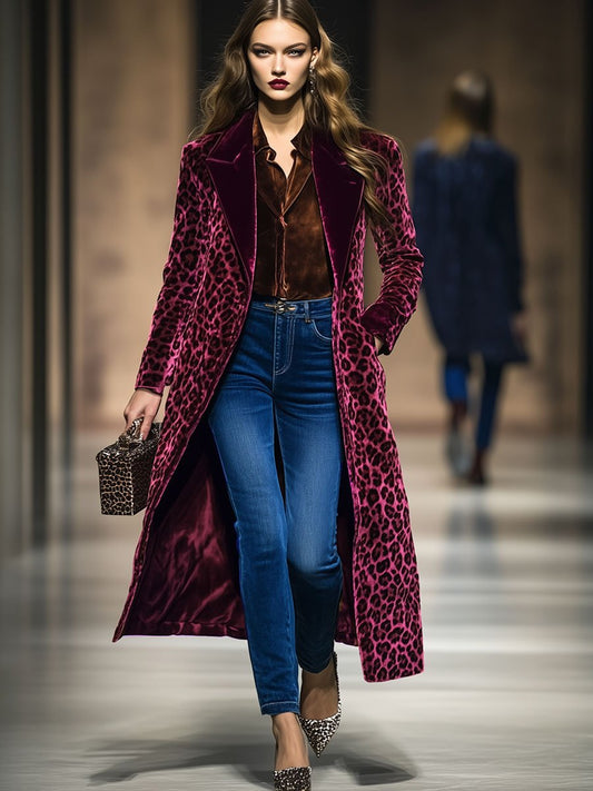 Leopard Print Colorblock Velvet Coat - view 2