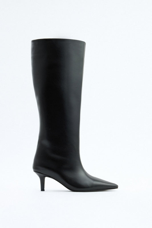 Mona - Black Leather Knee-High Boots