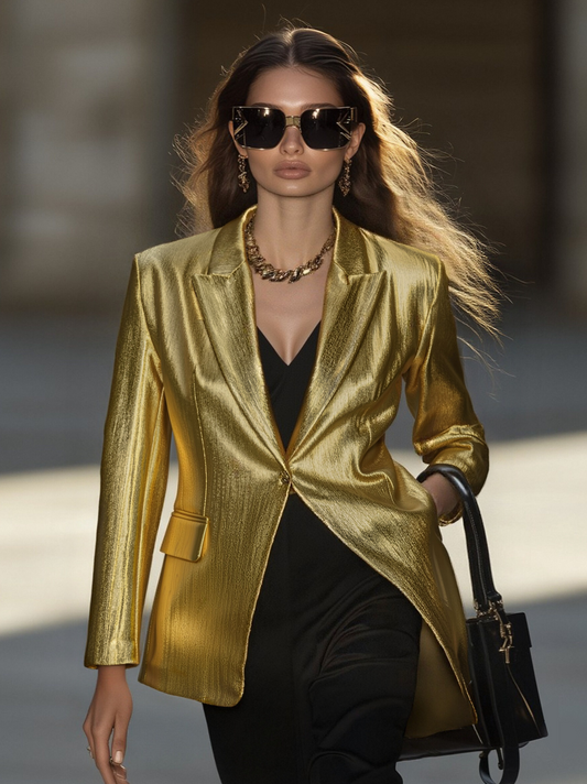 High-End Fashionable Loose Gold Pleated Suit Jacket - view 2