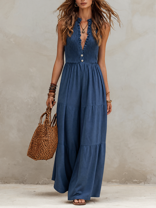 Diana - Retro Ruffle Neck Cotton-Linen Jumpsuit