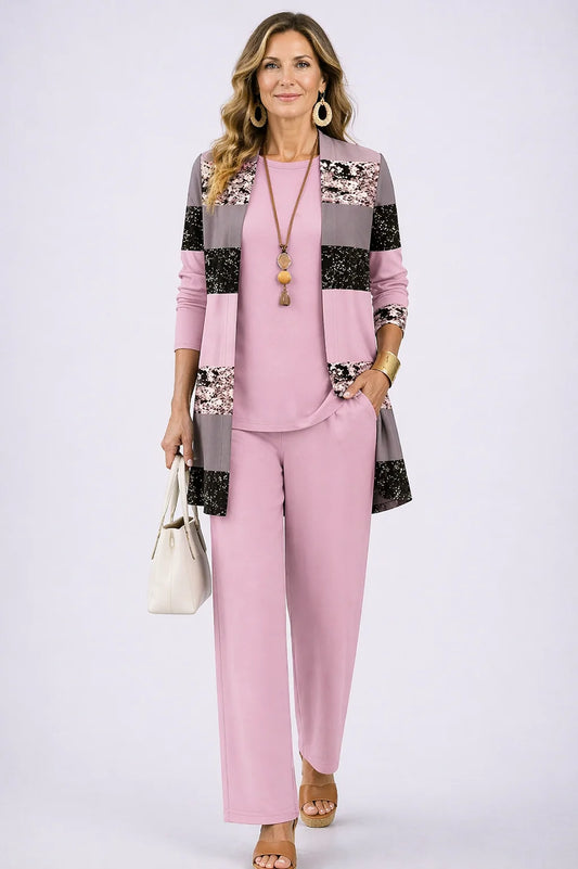 Karen - Lace-Stripe Three-Piece Pant Set